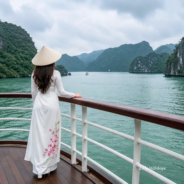 Woman in traditional Vietnamese Ao Dai and Non La conical hat looking out from the deck of a Halong Bay overnight cruise ship at the limestone karst mountains under an overcast sky.