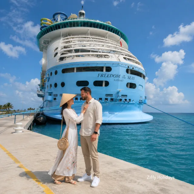 A happy couple, with the woman wearing an Ao Dai and conical hat, pose on a concrete pier in front of a massive blue cruise ship, with clear blue waters and sky, in an exotic port of call like Nassau.