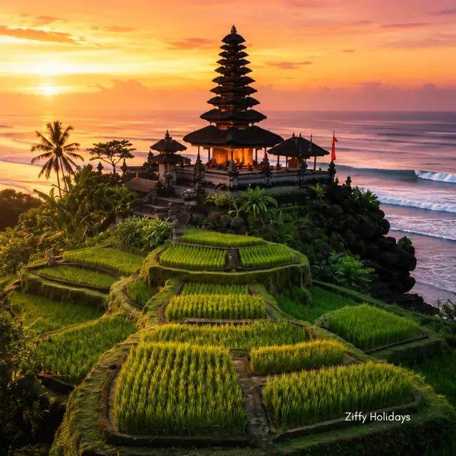 Tanah Lot Temple in Bali surrounded by lush green rice terraces during sunrise.