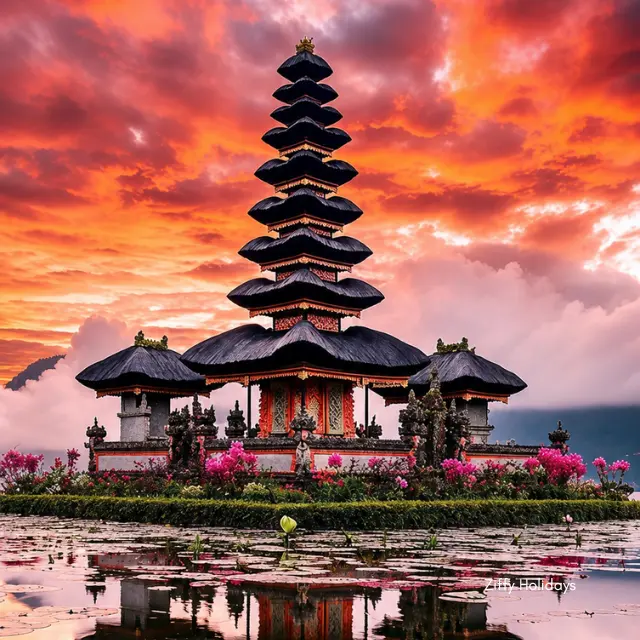 Ulun Danu Beratan Temple in Bali at sunset with a beautiful reflection on the lake.