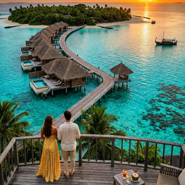 Couple standing on a wooden balcony overlooking overwater villas and a golden ocean sunset in the Maldives.