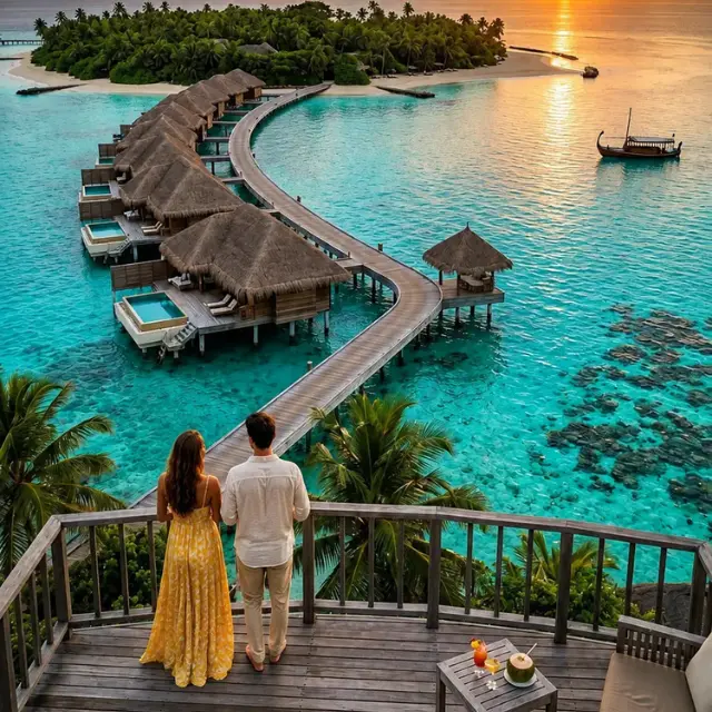 Couple standing on a high wooden deck looking at a sunset over water villas and tropical island in Maldives.